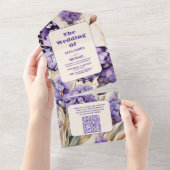 QRコードラベンダーパープルフローラエレガントな結婚式 オールインワン招待状 (貼ってはがせる)