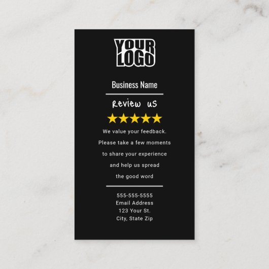 QRコードリンクを使用した黒いGoogleレビューテンプレート 名刺 (裏面)