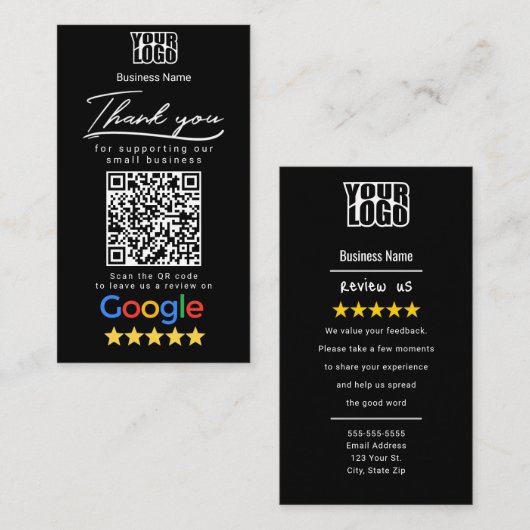 QRコードリンクを使用した黒いGoogleレビューテンプレート 名刺 (正面/裏面)
