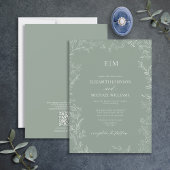 QRコードリーフエレガントセージ緑モノグラム結婚ズ 招待状