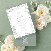 QRコードリーフセージ緑エレガントモノグラ結婚ム 招待状