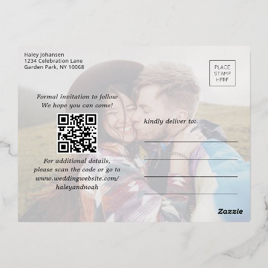 QRコードレトロスクリプト2フォトウェディング日付の保存 箔招待状ポストカード (裏面)