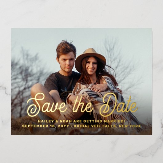 QRコードレトロスクリプト2フォトウェディング日付の保存 箔招待状ポストカード (正面)