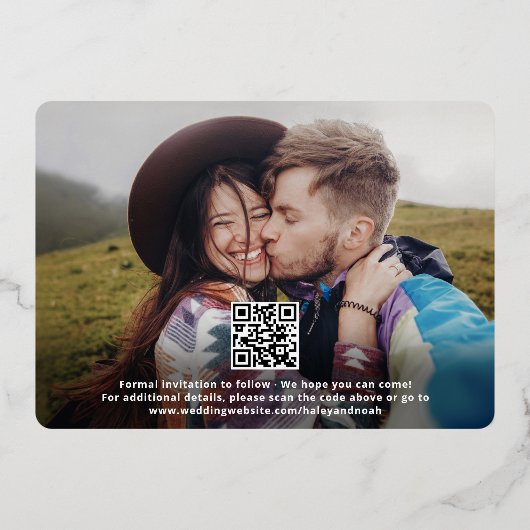 QRコードレトロスクリプト2フォトウェディング日付の保存 箔招待状 (裏面)