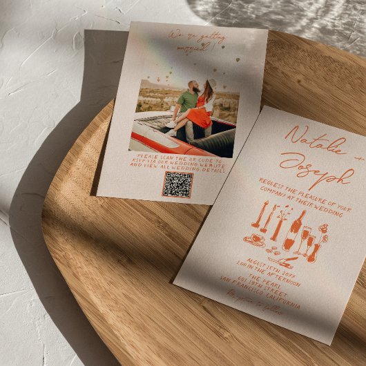 QRコードレトロ手描カラフルき写結婚真 招待状