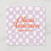 QRコードレトロ紫色の手描き市松模様にガーリー スクエア名刺 (正面)