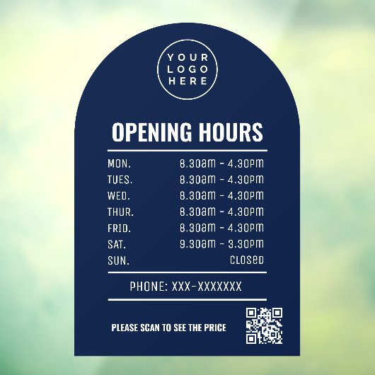 QRコードロゴとネイビーブルーのアーチ 開館時間 ウィンドウサイン (シート3)