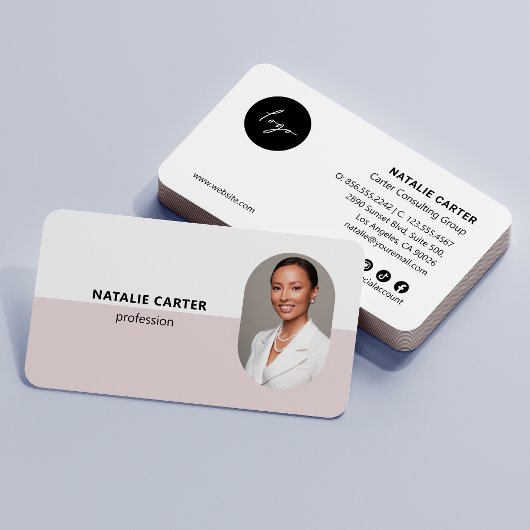 QRコードロゴオーバルフォトプロフェッショナル赤面ピンク 名刺