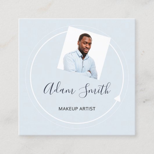 QRコードロゴカスタムカスタムフォトメイクアップブルー スクエア名刺 (正面)