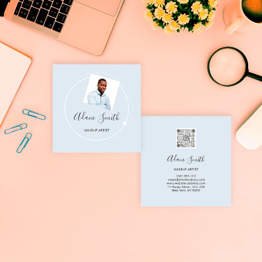 QRコードロゴカスタムカスタムフォトメイクアップブルー スクエア名刺