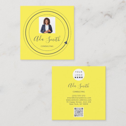 QRコードロゴカスタムカスタム写真コンサルティングイエロー スクエア名刺 (正面/裏面)