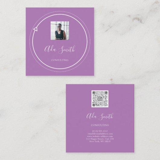QRコードロゴカスタムカスタム写真コンサルティングパープル スクエア名刺 (正面/裏面)