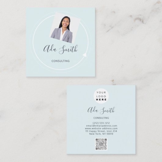QRコードロゴカスタムカスタム写真コンサルティングブルー スクエア名刺 (正面/裏面)