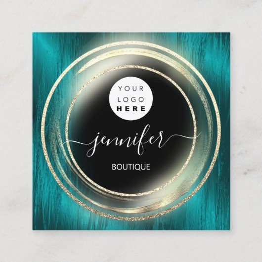 QRコードロゴグリッター金ゴールドティール(緑がかった色)ショップ スクエア名刺 (正面)