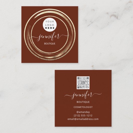 QRコードロゴグリッター金ゴールドバーガンディーフレームモダン スクエア名刺 (正面/裏面)