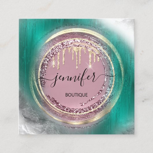 QRコードロゴショップグリッターグリーンバラドライモダンプ スクエア名刺 (正面)