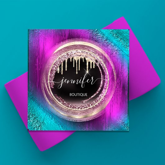 QRコードロゴショップグリッターピンクローズドリップスサークル スクエア名刺