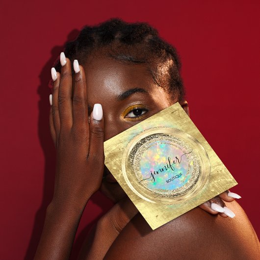 QRコードロゴショップグリッター金ゴールドドリップホログラフィック スクエア名刺