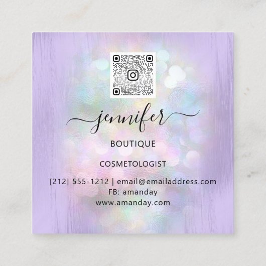QRコードロゴショップパープル金ゴールドドリップホログラフィック スクエア名刺 (裏面)