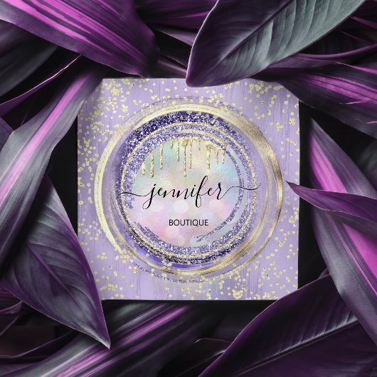 QRコードロゴショップパープル金ゴールドドリップホログラフィック スクエア名刺