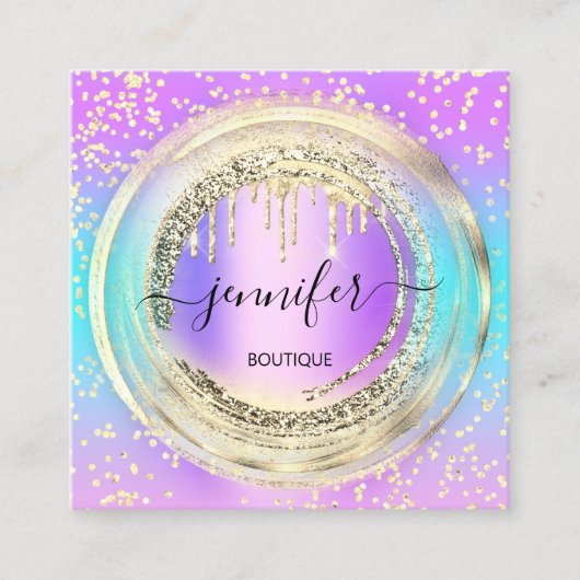 QRコードロゴショップピンクグラデーション金ゴールド乾燥紙吹雪 スクエア名刺 (正面)