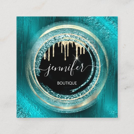 QRコードロゴショップブラック金ゴールドドリップオセアニックティール(緑がかった色) スクエア名刺 (正面)