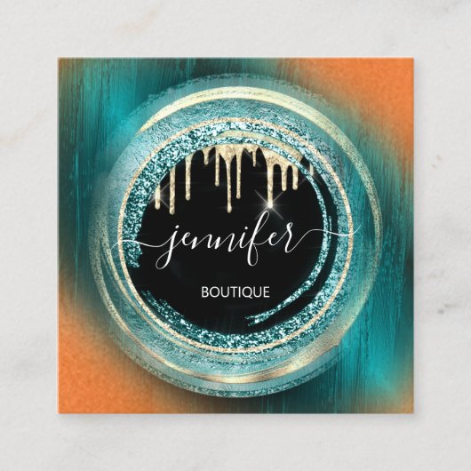QRコードロゴショップブラック金ゴールドドリップオレンジティール(緑がかった色) スクエア名刺 (正面)