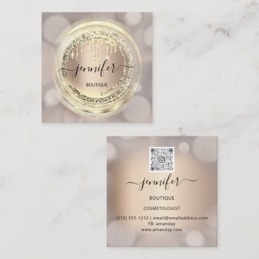 QRコードロゴショップ赤面バラ金ゴールド乾燥抽象芸術 スクエア名刺 (正面/裏面)