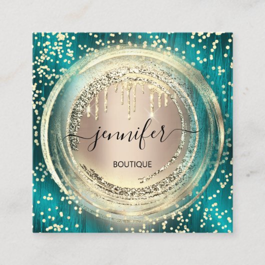 QRコードロゴショップ赤面バラ金ゴールド乾燥紙吹雪 スクエア名刺 (正面)