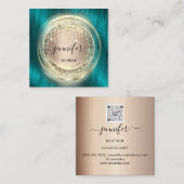 QRコードロゴショップ赤面バラ金ゴールド駆動ティール(緑がかった色) スクエア名刺 (正面/裏面)