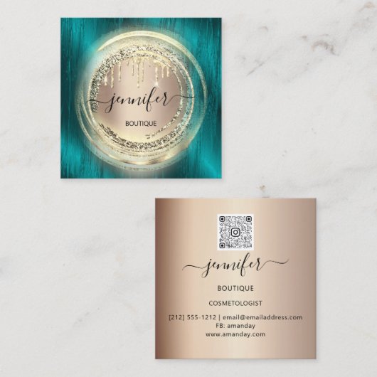 QRコードロゴショップ赤面バラ金ゴールド駆動ティール(緑がかった色) スクエア名刺 (正面/裏面)