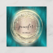 QRコードロゴショップ赤面バラ金ゴールド駆動ティール(緑がかった色) スクエア名刺 (正面)