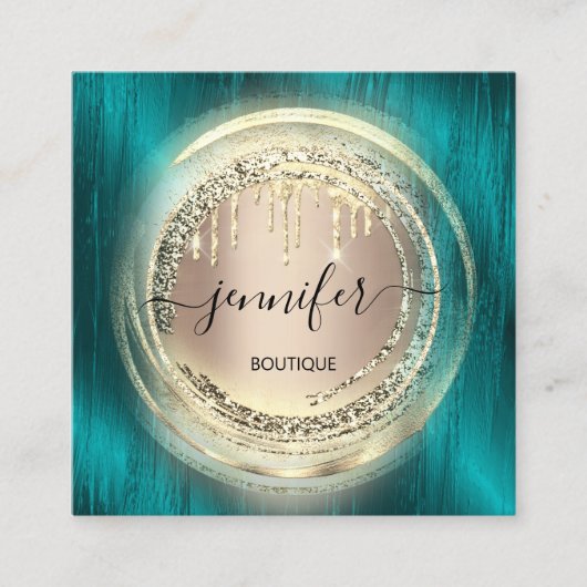 QRコードロゴショップ赤面バラ金ゴールド駆動ティール(緑がかった色) スクエア名刺 (正面)