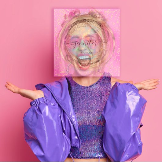 QRコードロゴピンクグリッター金ゴールドドリップホログラフィック スクエア名刺