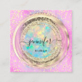 QRコードロゴピンクグリッター金ゴールドドリップホログラフィック スクエア名刺 (正面)