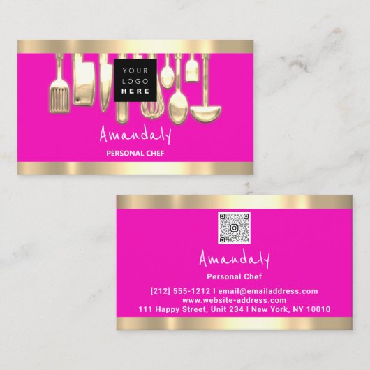 QRコードロゴピンクパーソナルシェフ料理 名刺 (正面/裏面)
