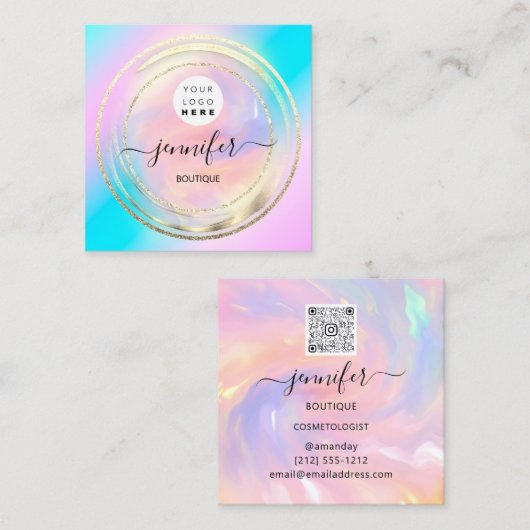 QRコードロゴホログラフィックピンク金ゴールドショップブティック スクエア名刺 (正面/裏面)