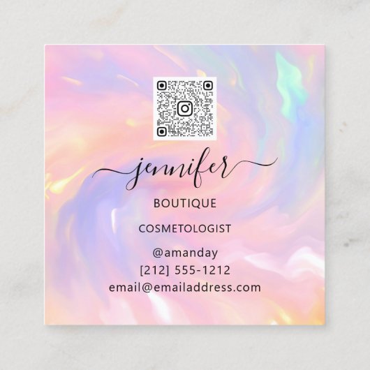 QRコードロゴホログラフィックピンク金ゴールドショップブティック スクエア名刺 (裏面)