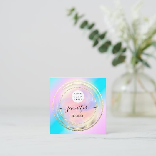 QRコードロゴホログラフィックピンク金ゴールドショップブティック スクエア名刺 (スタンド正面)