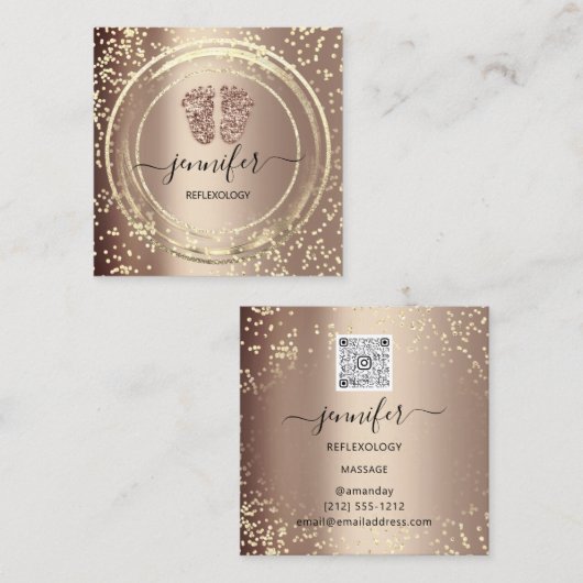 QRコードロゴリフレクソロジーマッサージ足バラ金ゴールド スクエア名刺 (正面/裏面)