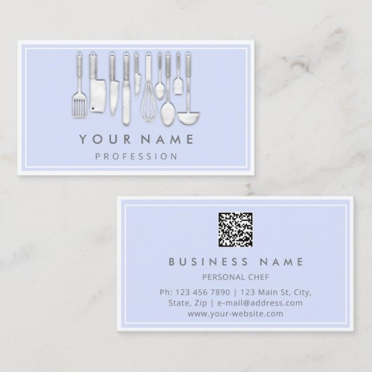 QRコードロゴレストラン料理ダイエットシェフブルー 名刺 (正面/裏面)