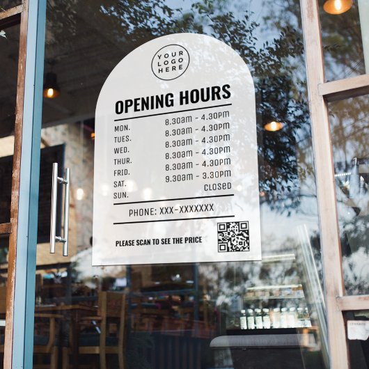 QRコードロゴ付きの白いアーチの営業時間 ウィンドウサイン