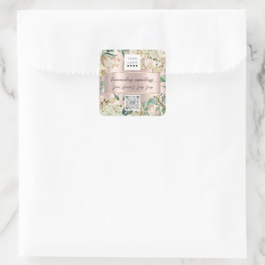 QRコードロゴ写真製品ありがとうローズグリーン スクエアシール (バッグ)