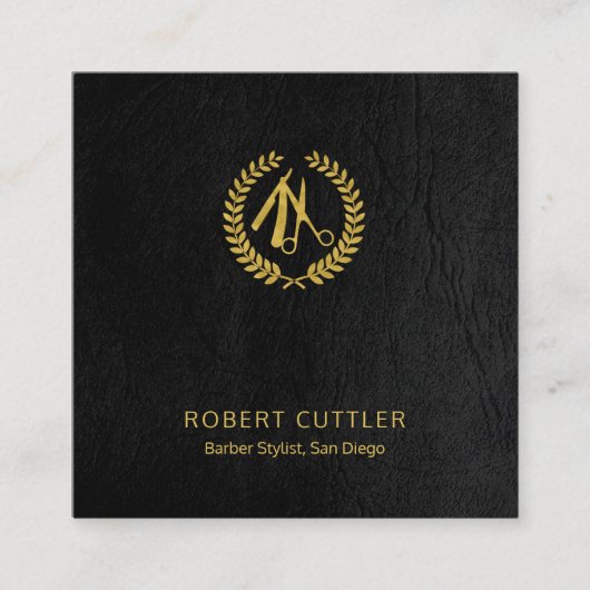 QRコードロゴ理容師スエレガントタイル黒金ゴールド スクエア名刺 (正面)