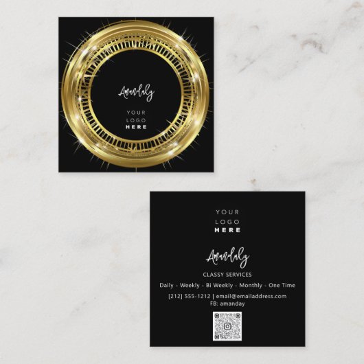 QRコードロゴ白黒ゴールデンフレームサークル スクエア名刺 (正面/裏面)