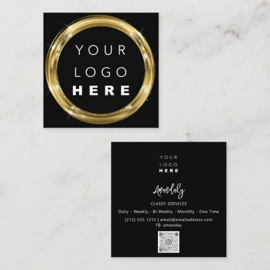 QRコードロゴ白黒金ゴールド美容院グラム スクエア名刺 (正面/裏面)