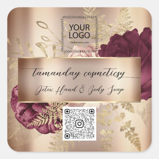 QRコードロゴ フォト プロダクト ローズ フラワリー バーガンディ スクエアシール (正面)