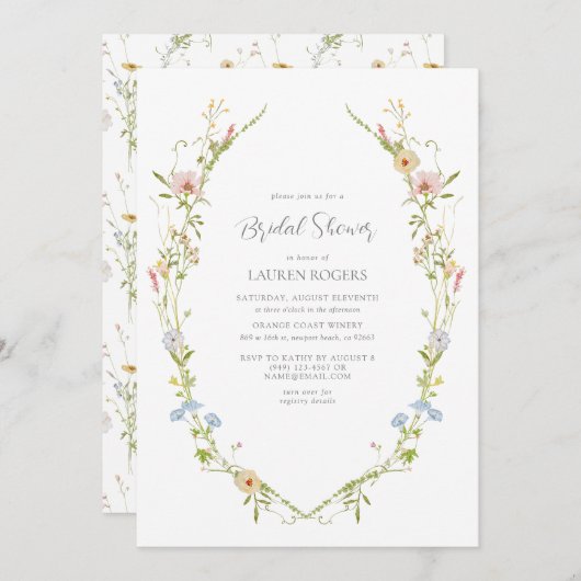 QRコードワイルドフラワーウォーターカラーガーデンブライダルシャワー 招待状 (正面/裏面)