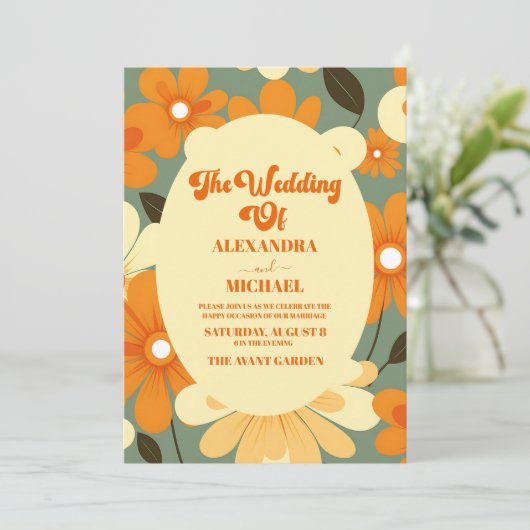 QRコードヴィンテージカラフルレトロ結婚フローラ 招待状 (スタンド正面)