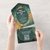 QRコードヴィンテージ水色シナ結婚ル オールインワン招待状 (貼ってはがせる)